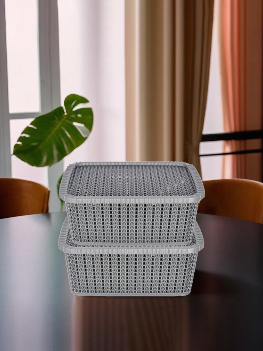 

Kuber Industries Set Of 2 Grey Textured Multipurpose Plastic Basket With Lids