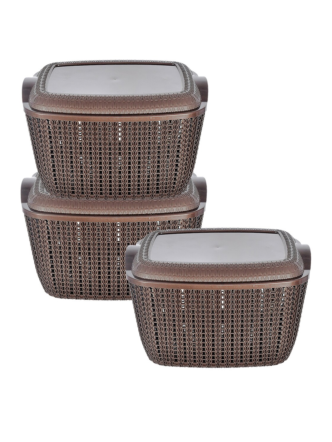 

Kuber Industries Set Of 3 Brown Textured Multipurpose Plastic Basket With Lids
