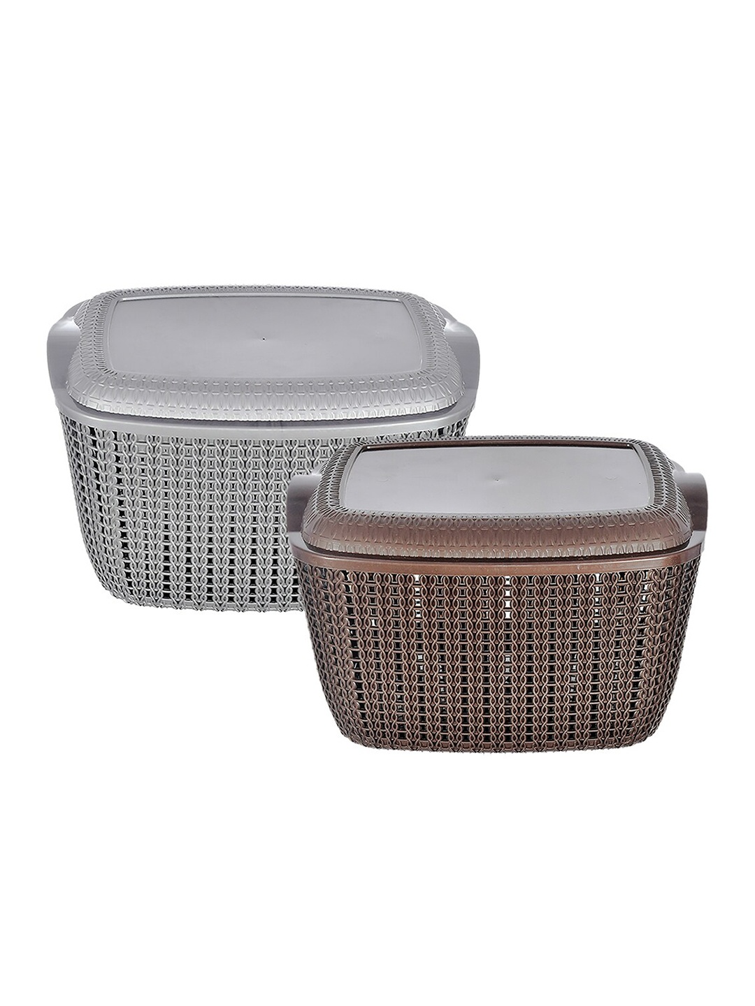 

Kuber Industries Set Of 2 Textured Plastic Square Storage Basket With Lid, Brown