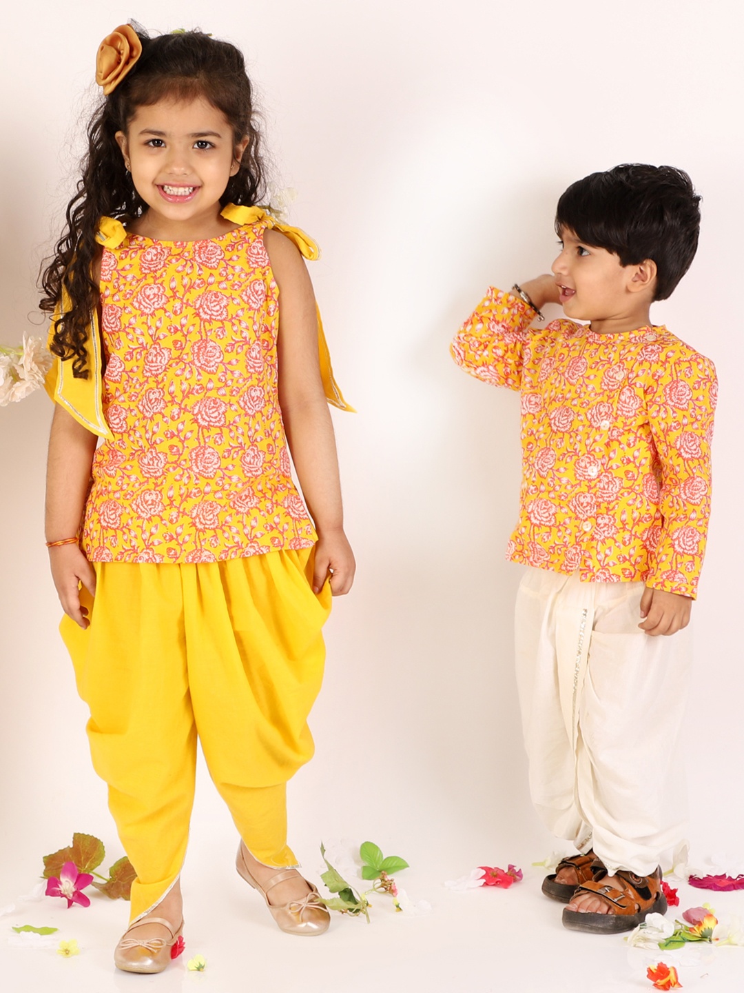 

LIL DRAMA Girls Yellow Floral Printed Pure Cotton Kurti with Dhoti Pants