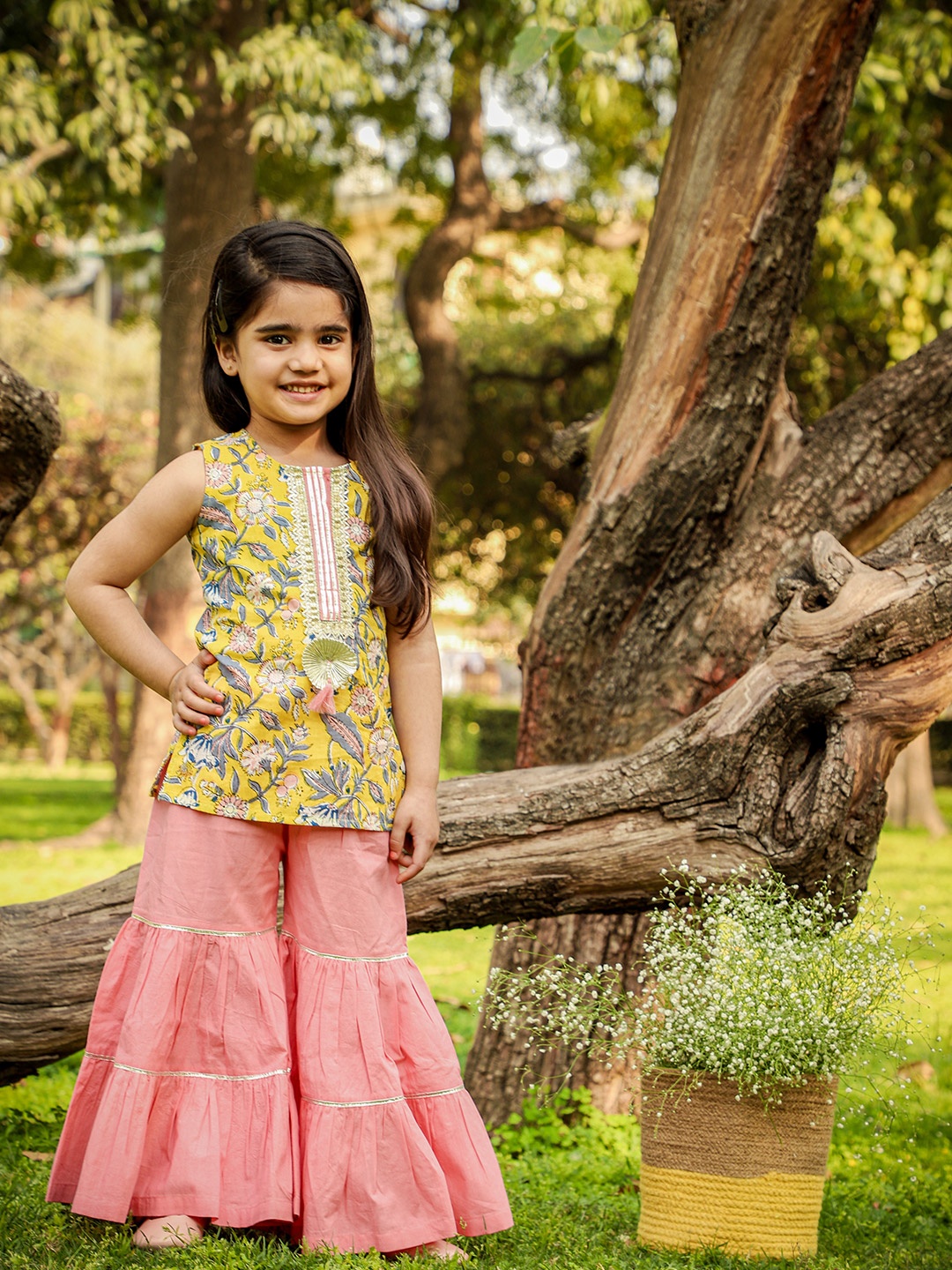 

LIL DRAMA Girls Yellow Floral Printed Tiered Pure Cotton Kurti with Sharara