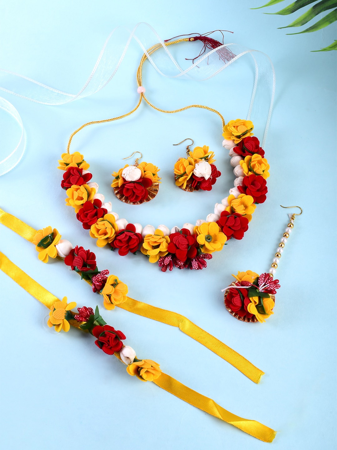 

STEORRA JEWELS Gold-Toned Red & Yellow Floral Pearl Beaded Jewellery Set