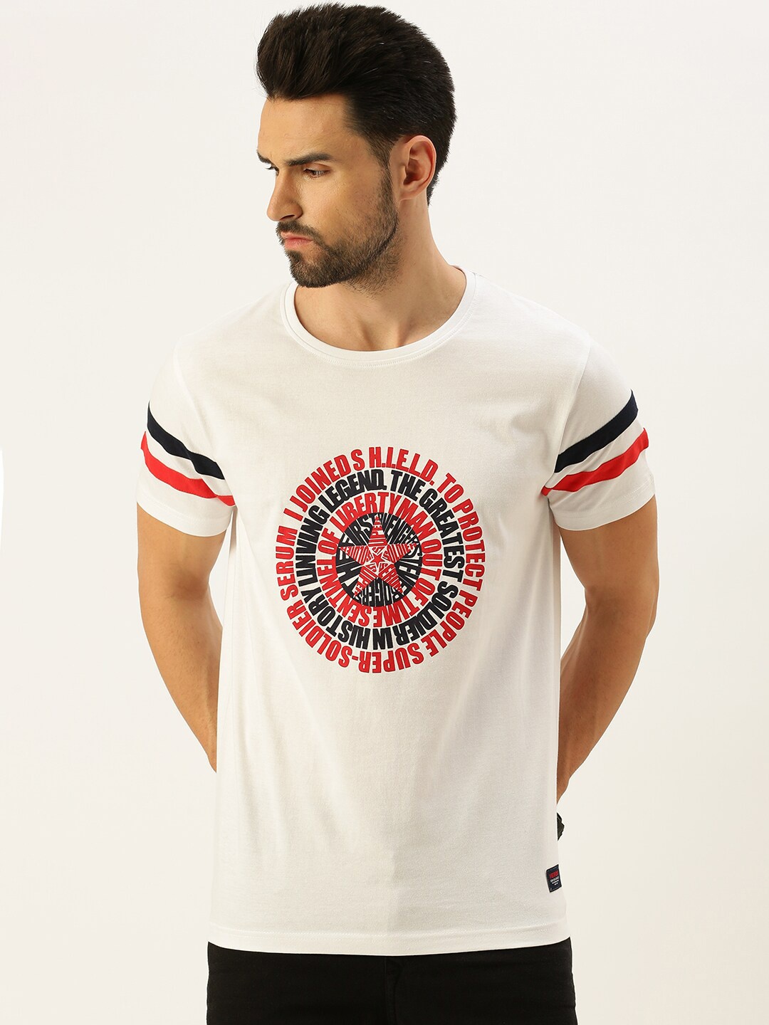

VEIRDO Marvel & Black Widow Men White Typography Captain America Printed T-shirt