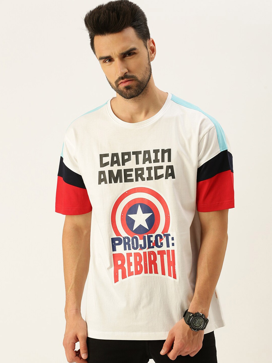 

VEIRDO Men White Typography Captain America Printed Applique Oversized T-shirt