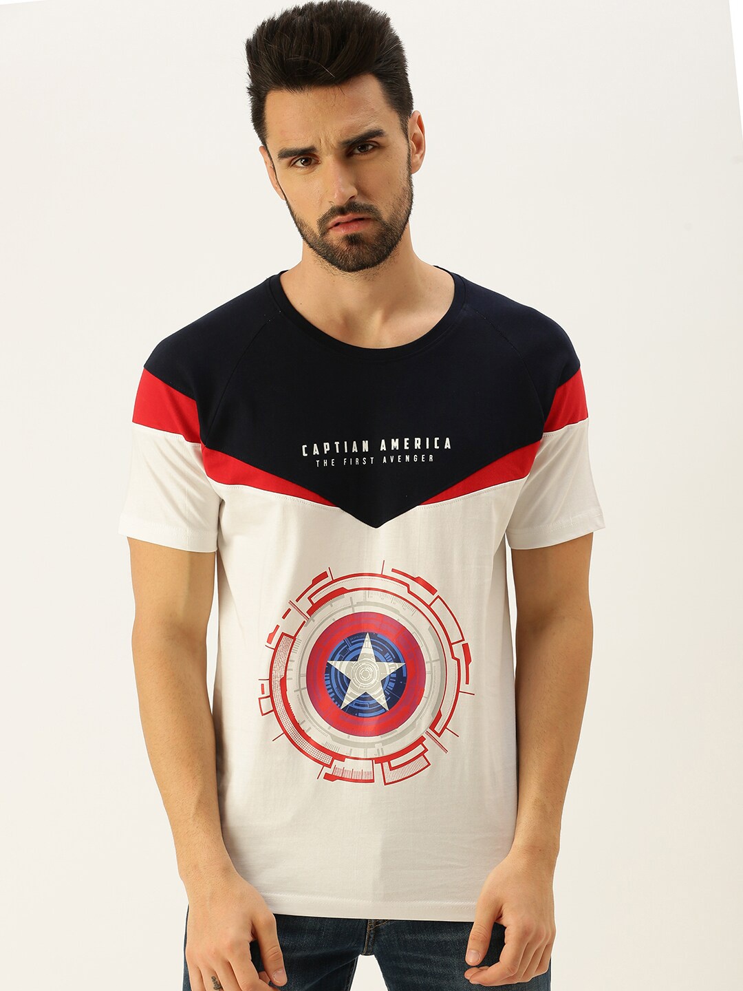 

VEIRDO Men White Captain America Printed V-Neck Raw Edge T-shirt