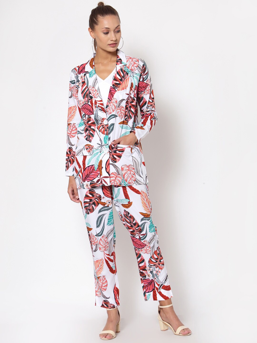 

YOONOY Women Organic Cotton Printed Blazer with Trousers, White