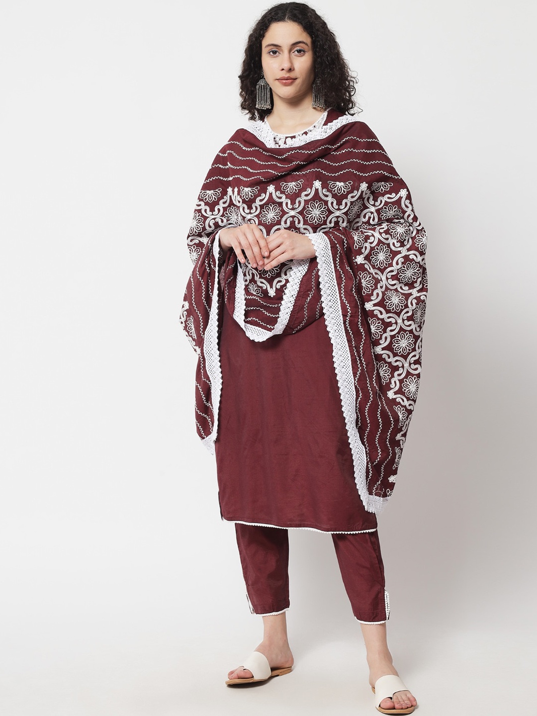 

Meeranshi Women Brown Striped Pleated Thread Work Chanderi Silk Kurti with Trousers