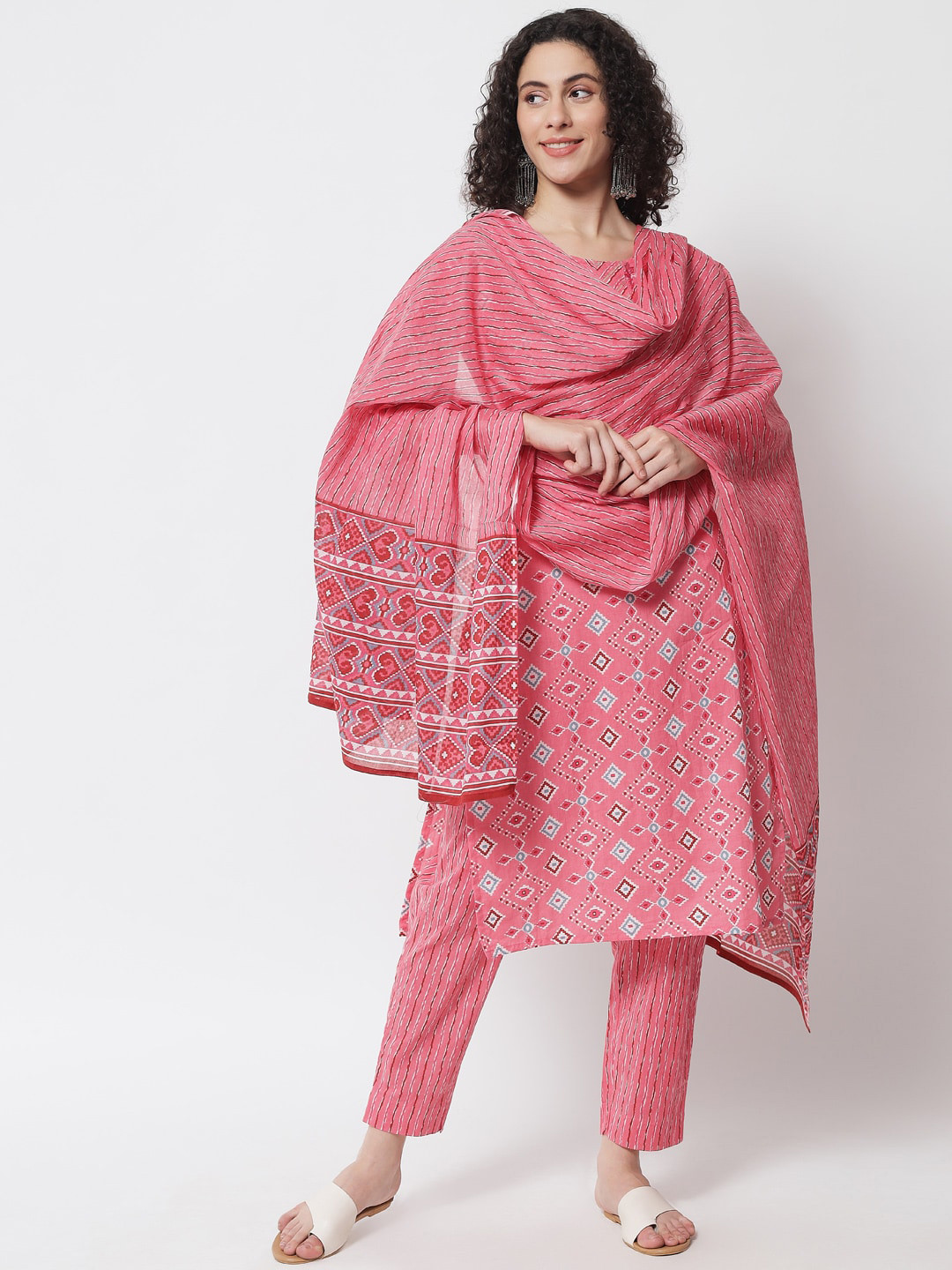 

Meeranshi Women Pink Ethnic Motifs Printed Empire Gotta Patti Pure Cotton Kurta with Trousers & With Dupatta