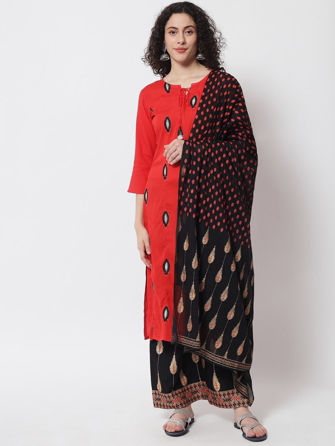 

Meeranshi Women Red Printed Pleated Thread Work Kurti with Palazzos & With Dupatta