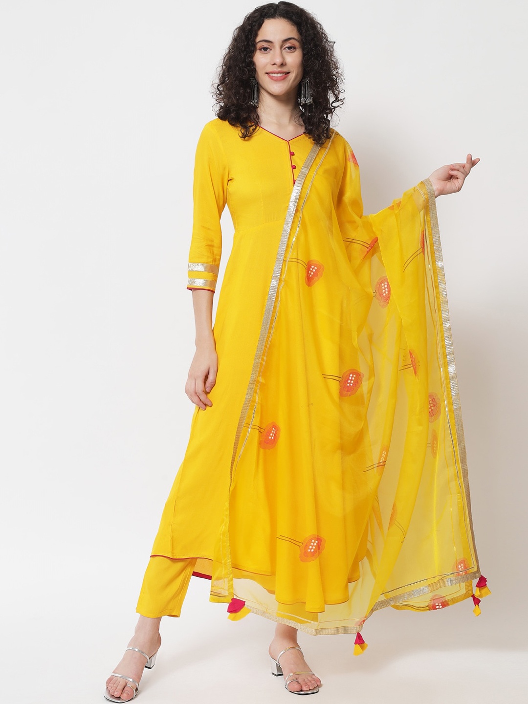 

Meeranshi Women Yellow Panelled Gotta Patti Kurta with Trousers & With Dupatta