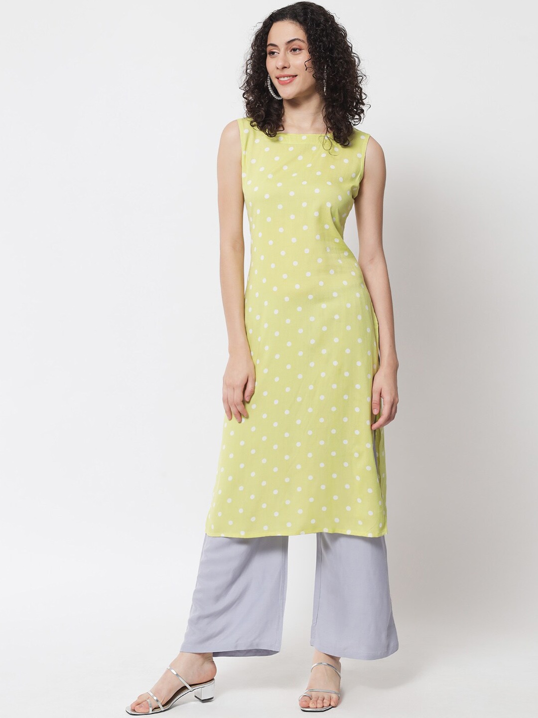 

Meeranshi Women Lime Green Ethnic Motifs Printed Kurti with Trousers