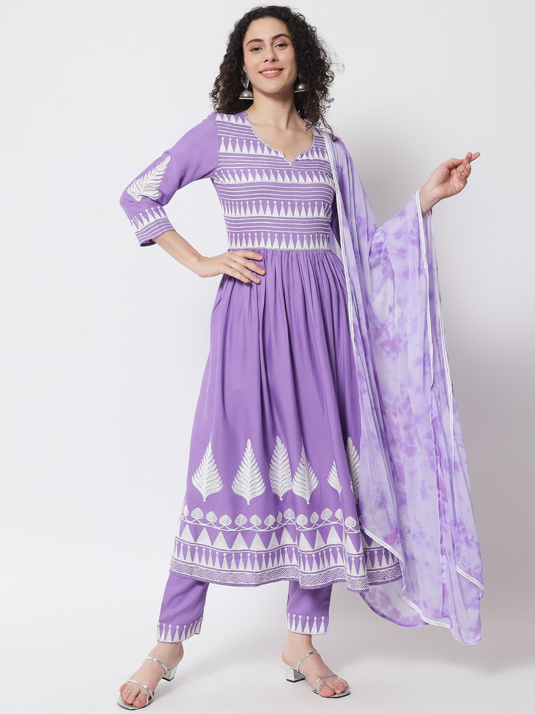 

Meeranshi Women Purple Embroidered Panelled Thread Work Kurta with Trousers & With Dupatta