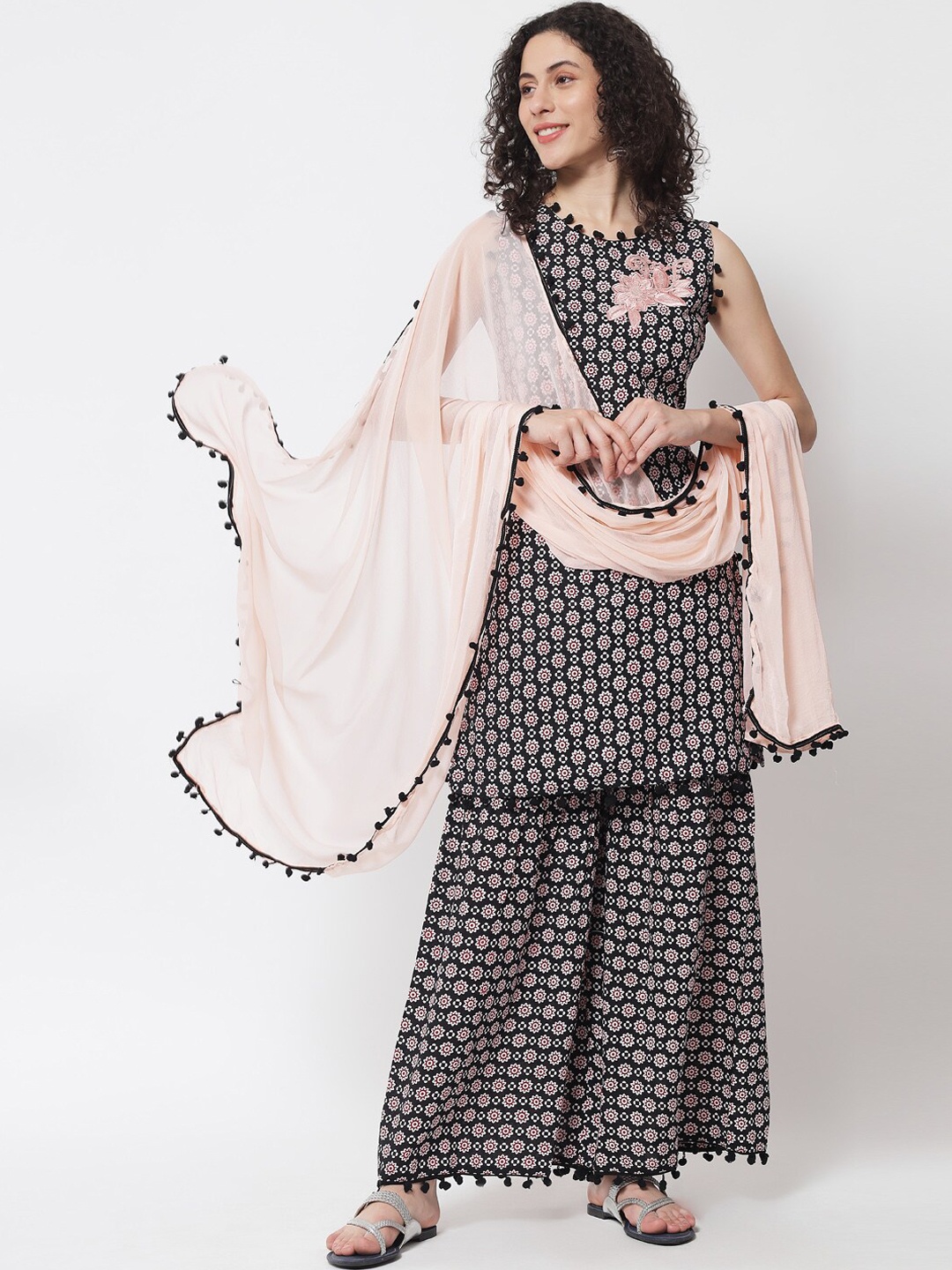 

Meeranshi Women Black Paisley Embroidered Panelled Patchwork Kurta with Palazzos & With Dupatta
