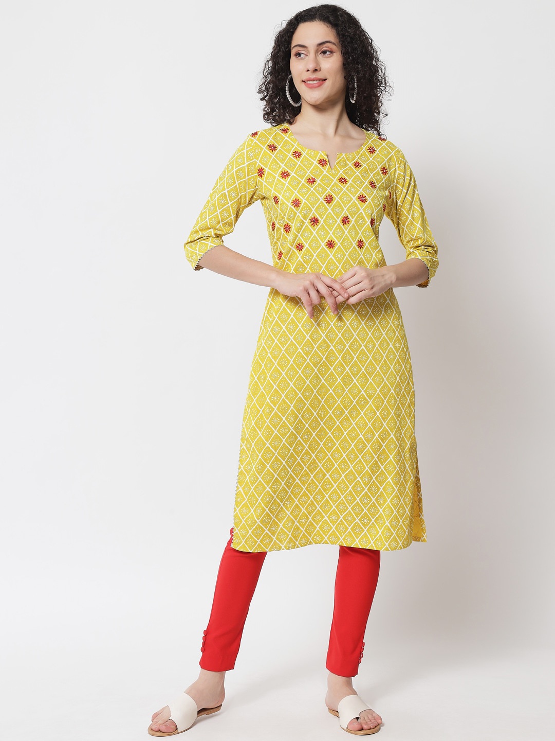 

Meeranshi Women Lime Green Ethnic Motifs Summer Sheers Kurta