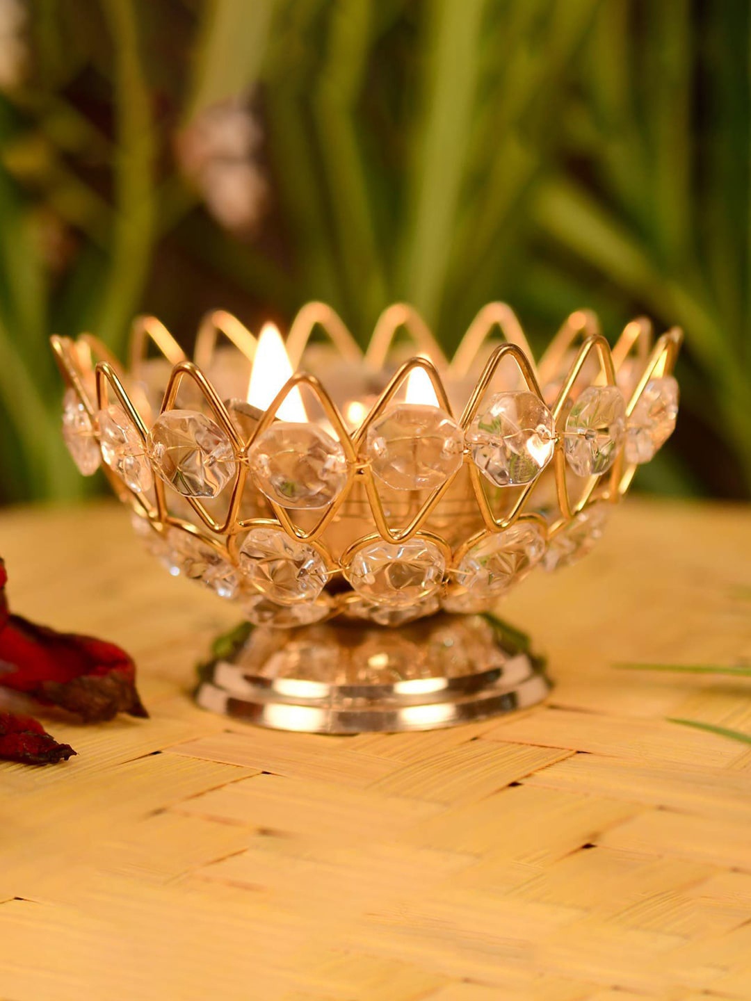 

Craftvatika Set of 12 Gold-Toned Brass Crystal Bowl Design Akhand Diya