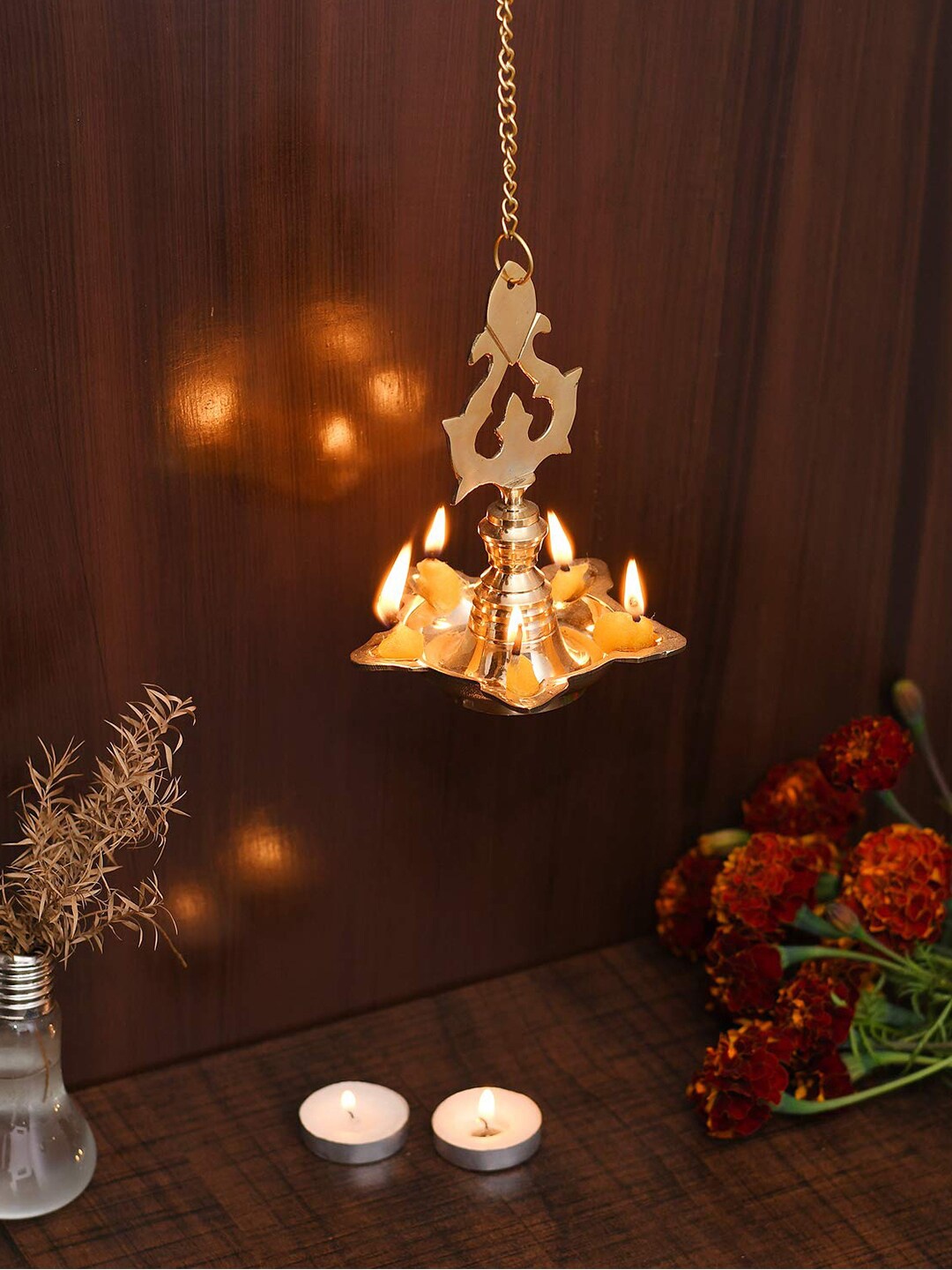 

CraftVatika Gold-Toned Brass Hanging Diya Lamp for Puja Lights