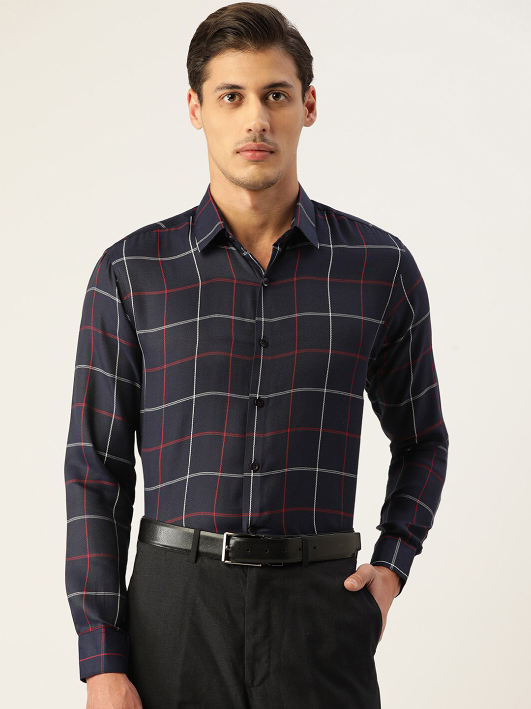 

JAINISH Men Navy Blue Standard Windowpane Checks Checked Formal Shirt