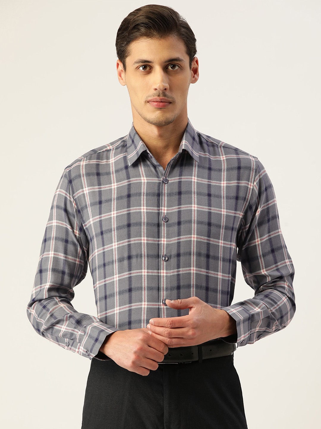 

JAINISH Men Grey Standard Tartan Checks Checked Formal Shirt