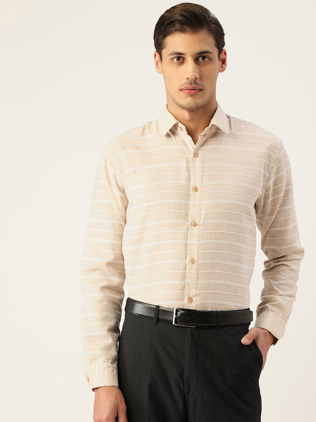 

JAINISH Men Cream-Coloured Standard Horizontal Stripes Striped Formal Shirt