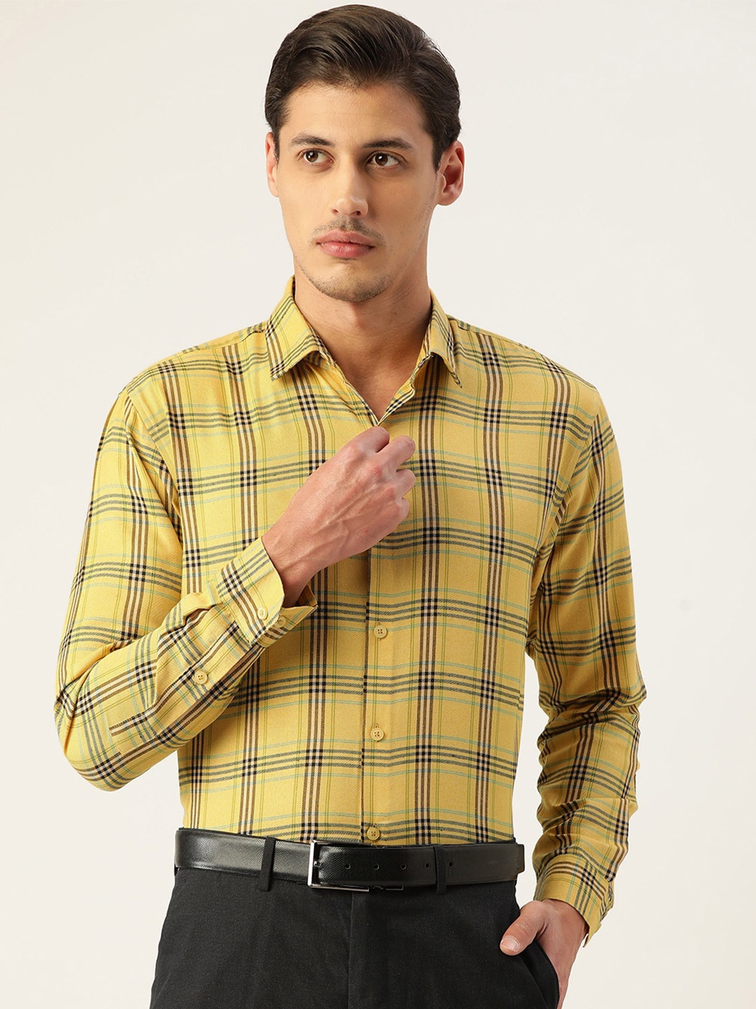 

JAINISH Men Yellow Standard Tartan Checks Checked Formal Shirt