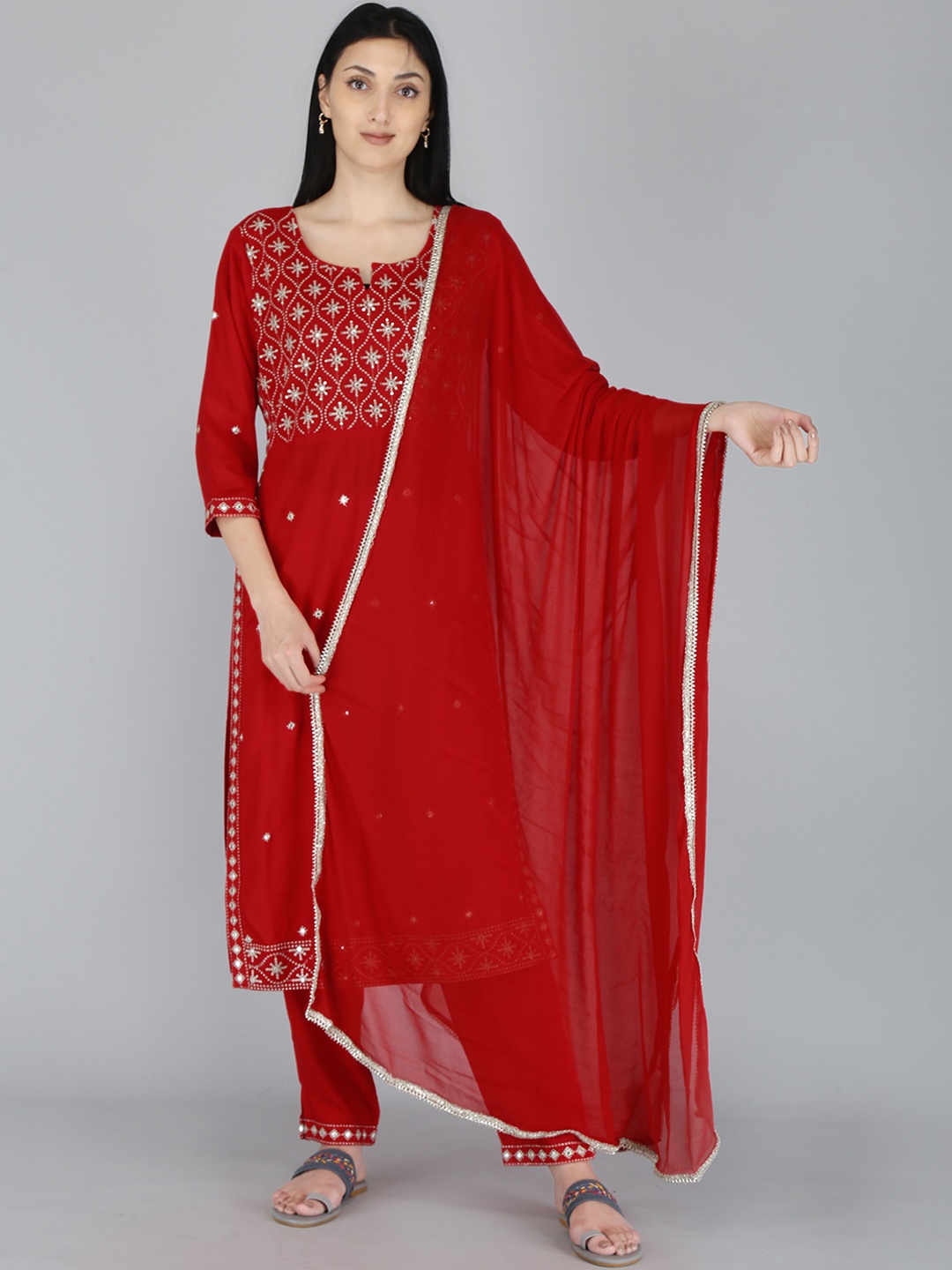 

KALINI Women Red Floral Yoke Design Zardozi Kurta with Palazzos & With Dupatta