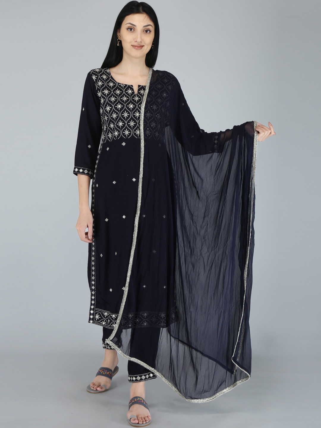 

KALINI Women Navy Blue Ethnic Motifs Embroidered Zardozi Kurta with Trousers & With Dupatta