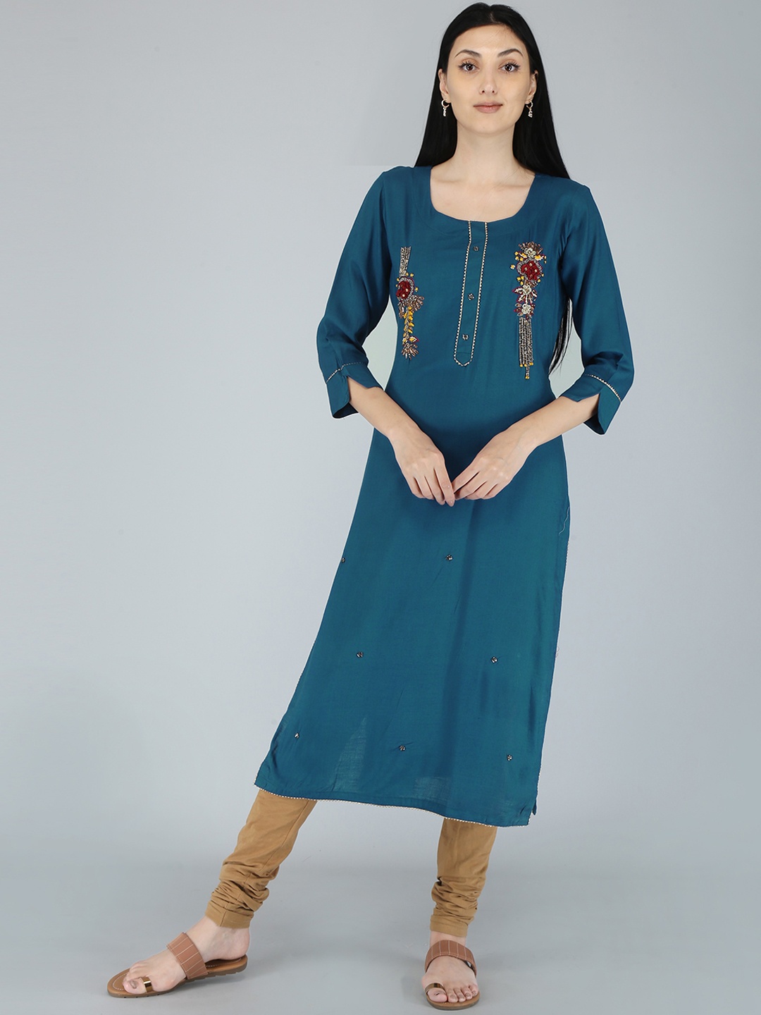 

KALINI Women Teal Mirror Work Kurta