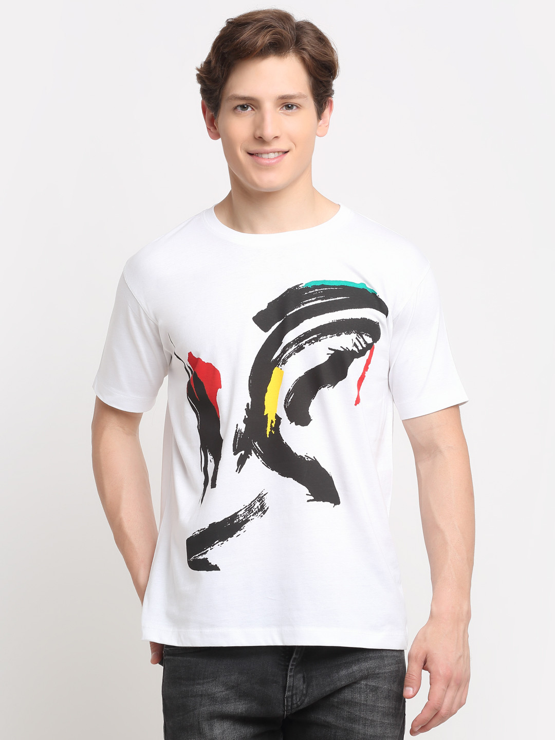 

Ennoble Men White High Neck Raw Edge T-shirt