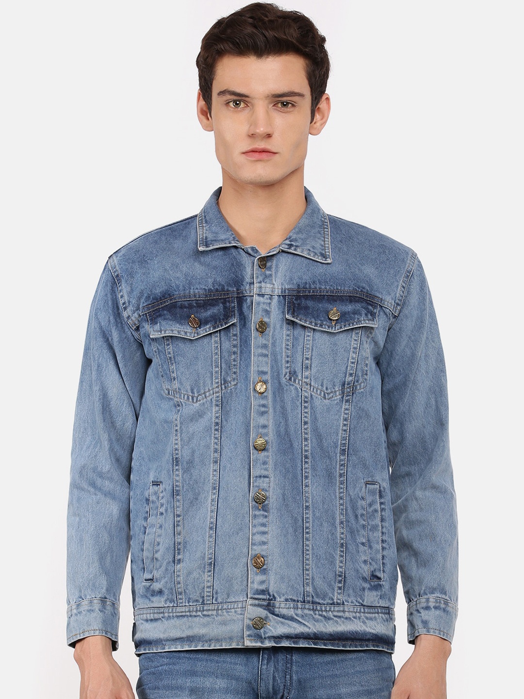 

VOXATI Men Blue Washed Denim Jacket with Embroidered