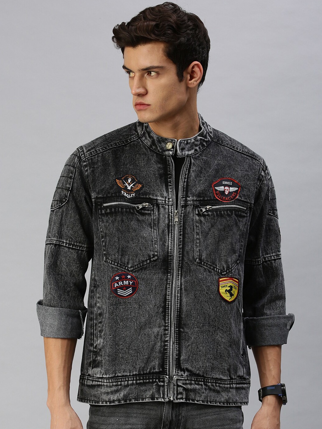 

VOXATI Men Grey Checked Longline Bomber Jacket