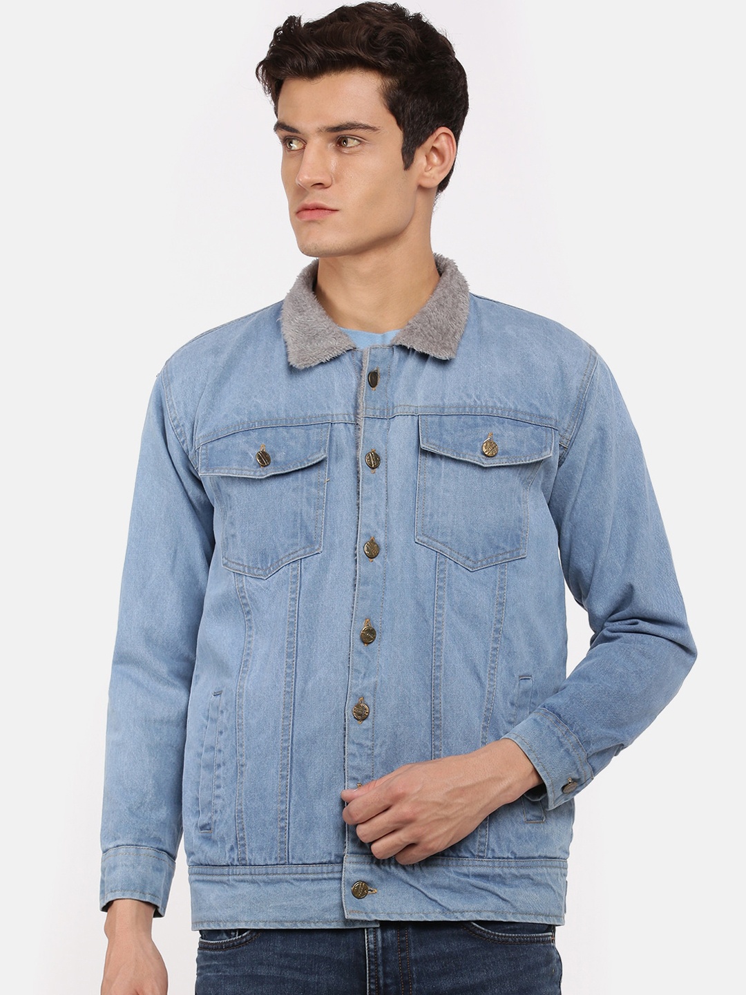 

VOXATI Men Blue Washed Denim Jacket with Embroidered