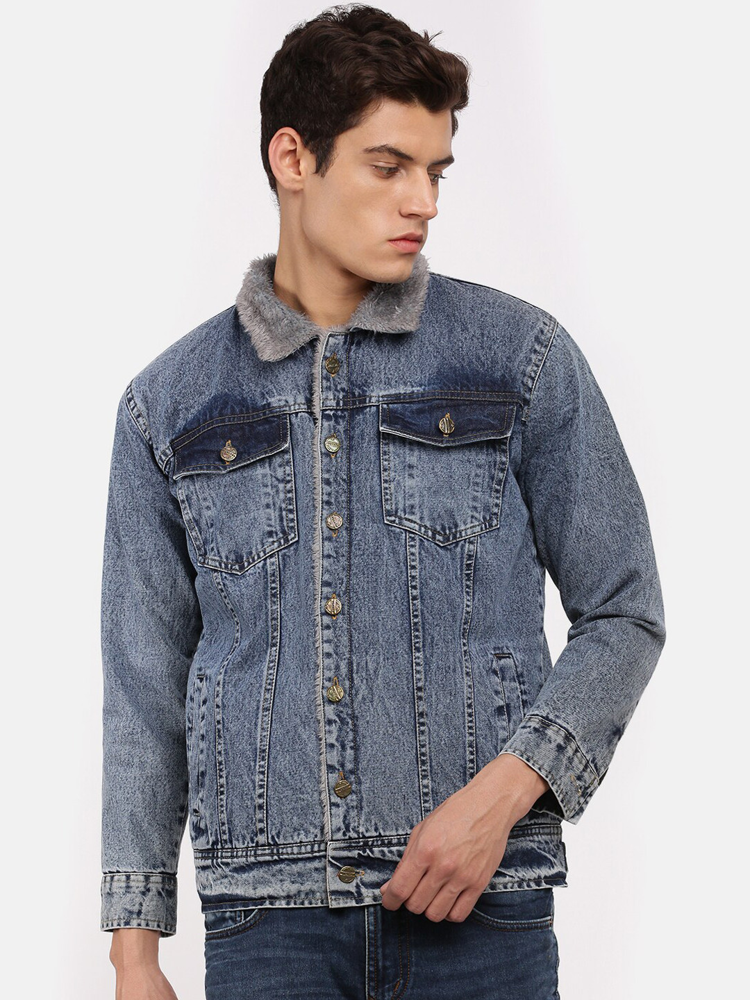 

VOXATI Men Grey Washed Denim Jacket