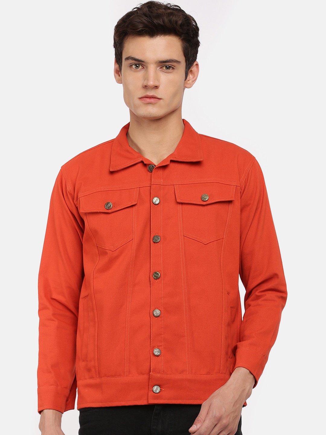 

VOXATI Men Orange Striped Crop Tailored Jacket