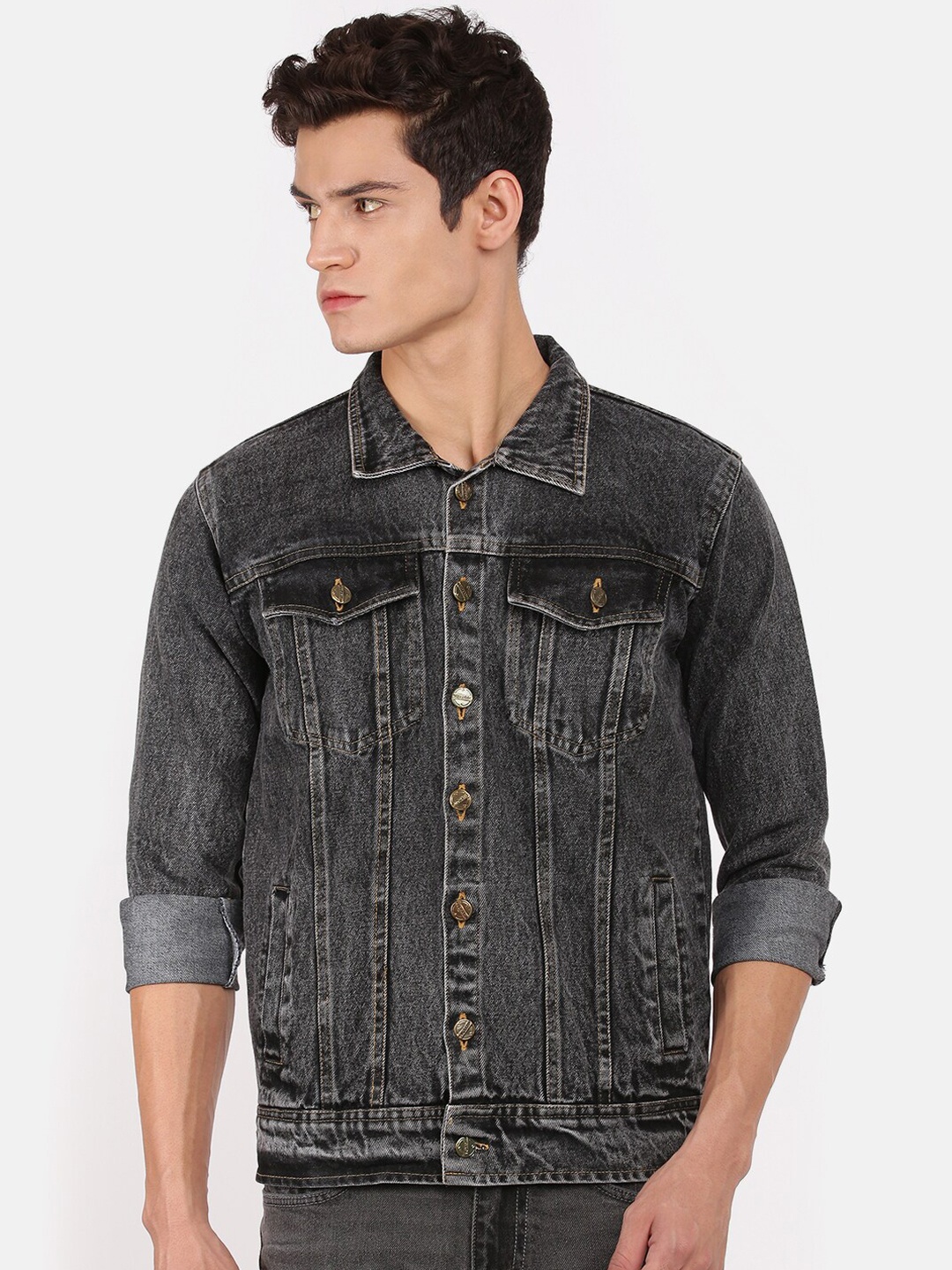 

VOXATI Men Grey Washed Longline Denim Jacket with Embroidered