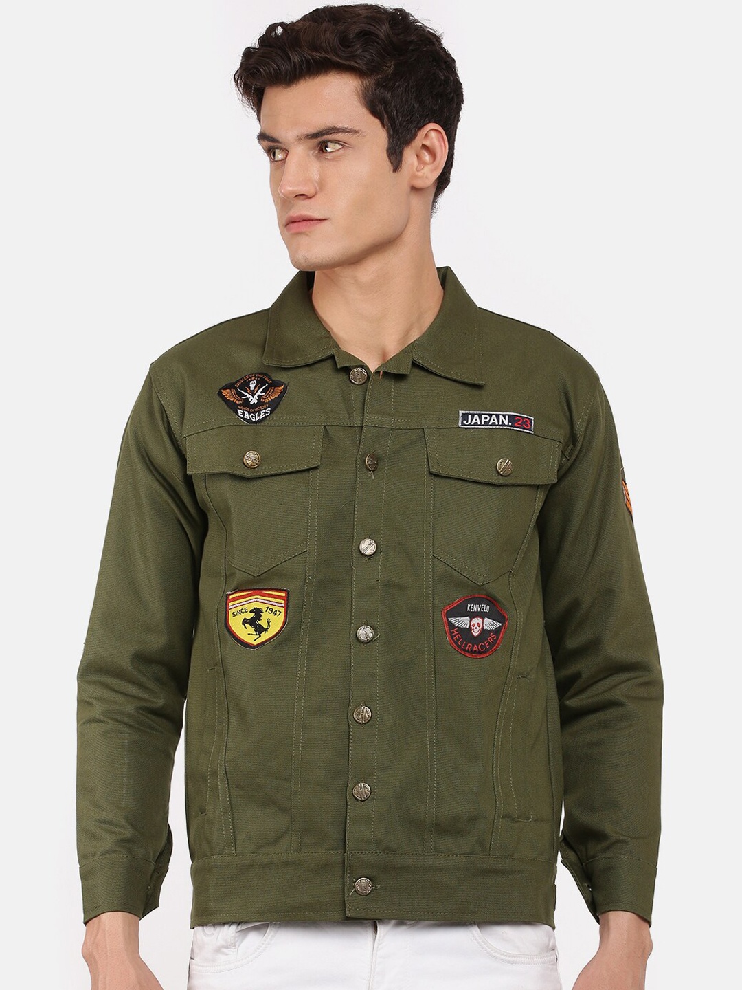

VOXATI Men Olive Green Crop Bomber with Patchwork Jacket
