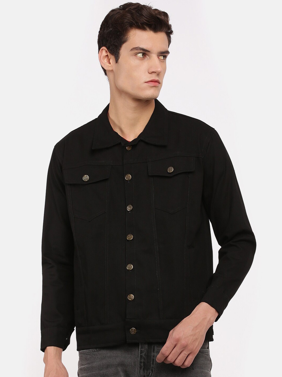 

VOXATI Men Black Crop Denim Jacket with Embroidered