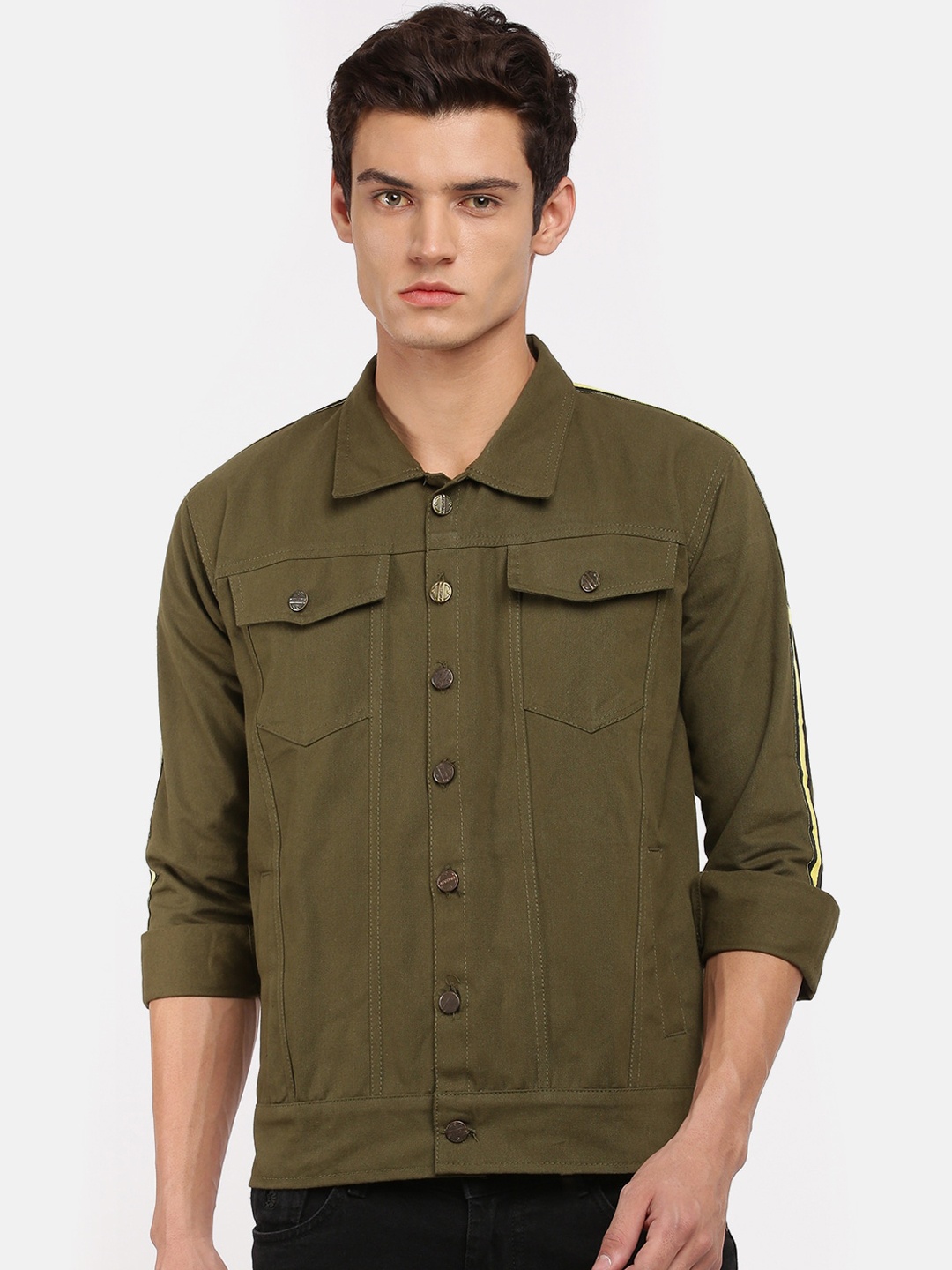 

VOXATI Men Olive Green Crop Denim Jacket with Embroidered