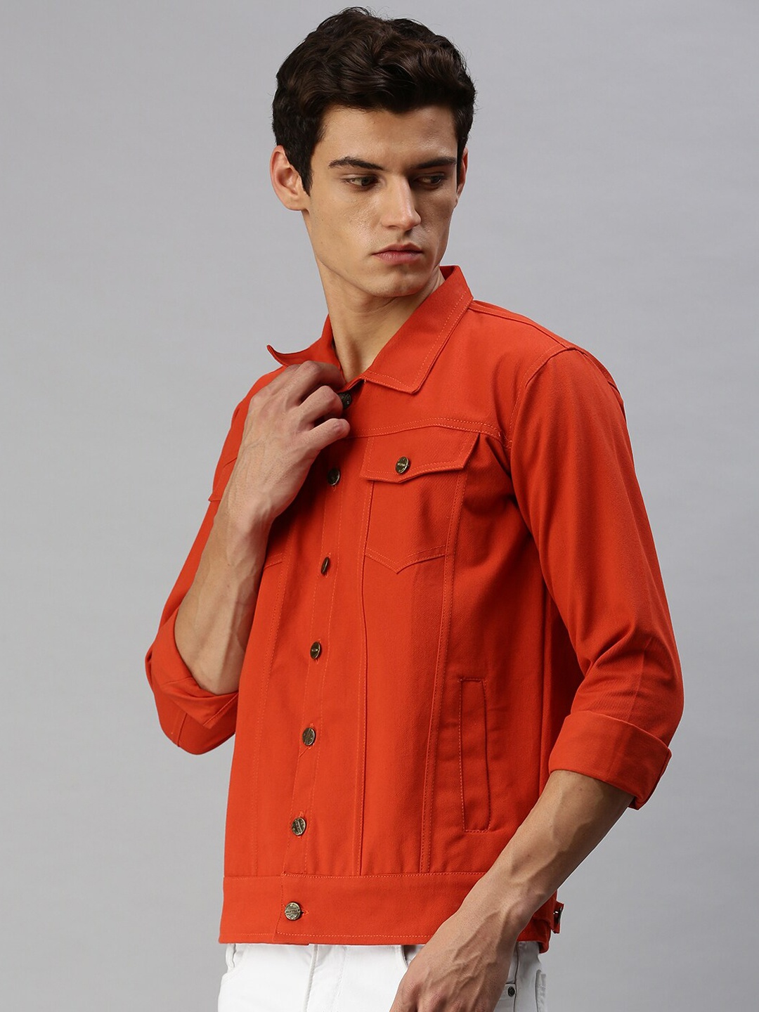 

VOXATI Men Orange Colourblocked Denim Jacket with Embroidered