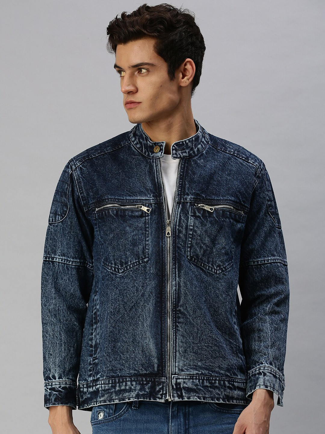 

VOXATI Men Blue Washed Longline Denim Jacket with Patchwork