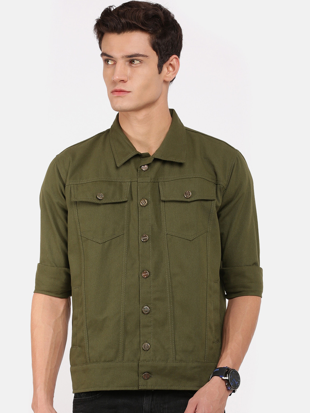 

VOXATI Men Olive Green Longline Denim Jacket with Embroidered