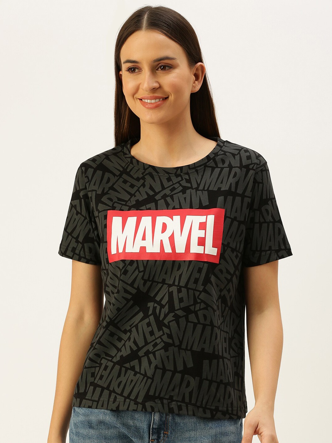 

JUNEBERRY Women Black Printed Applique T-shirt