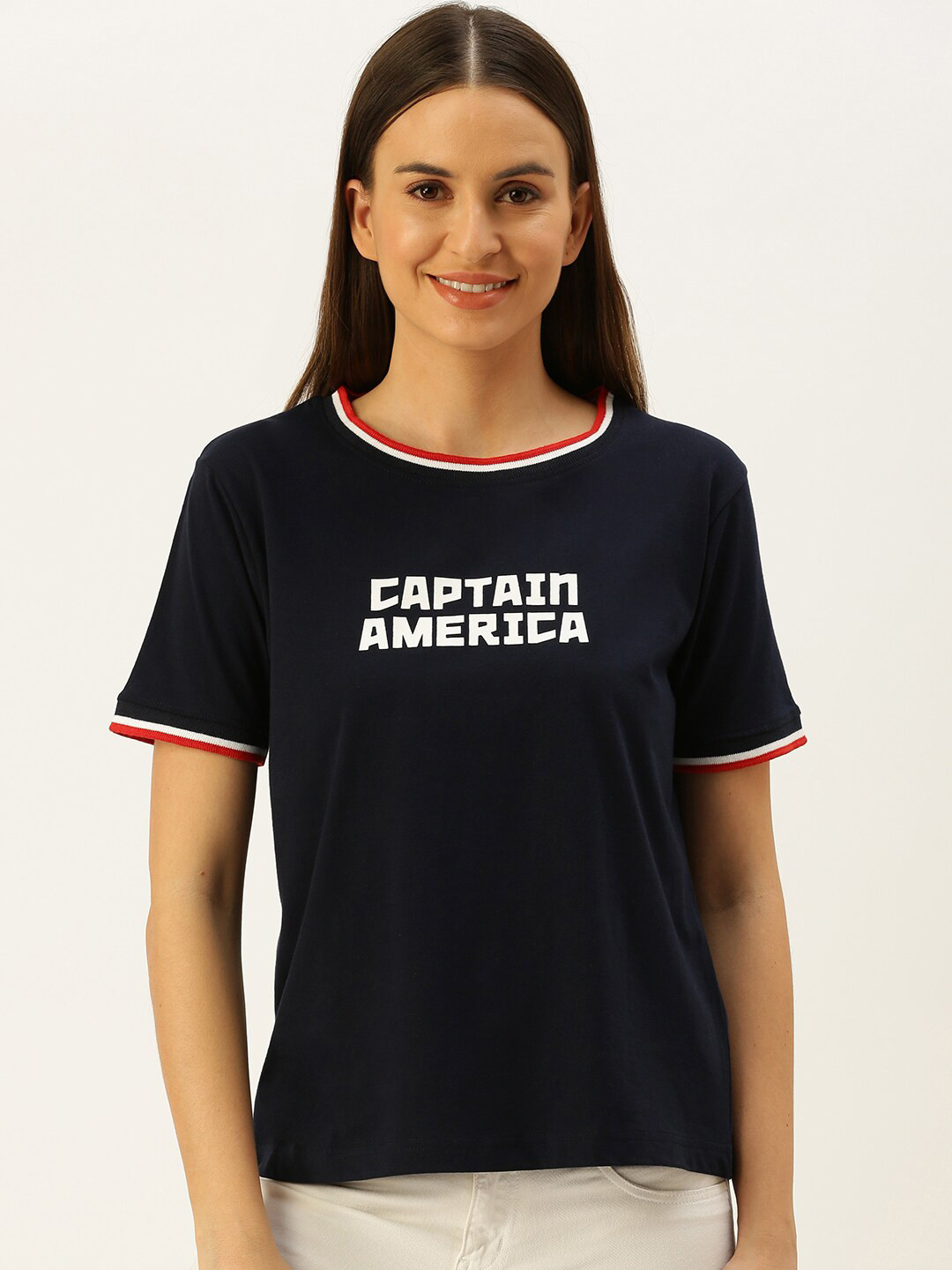 

JUNEBERRY Women Navy Blue Typography Captain America Printed Applique T-shirt