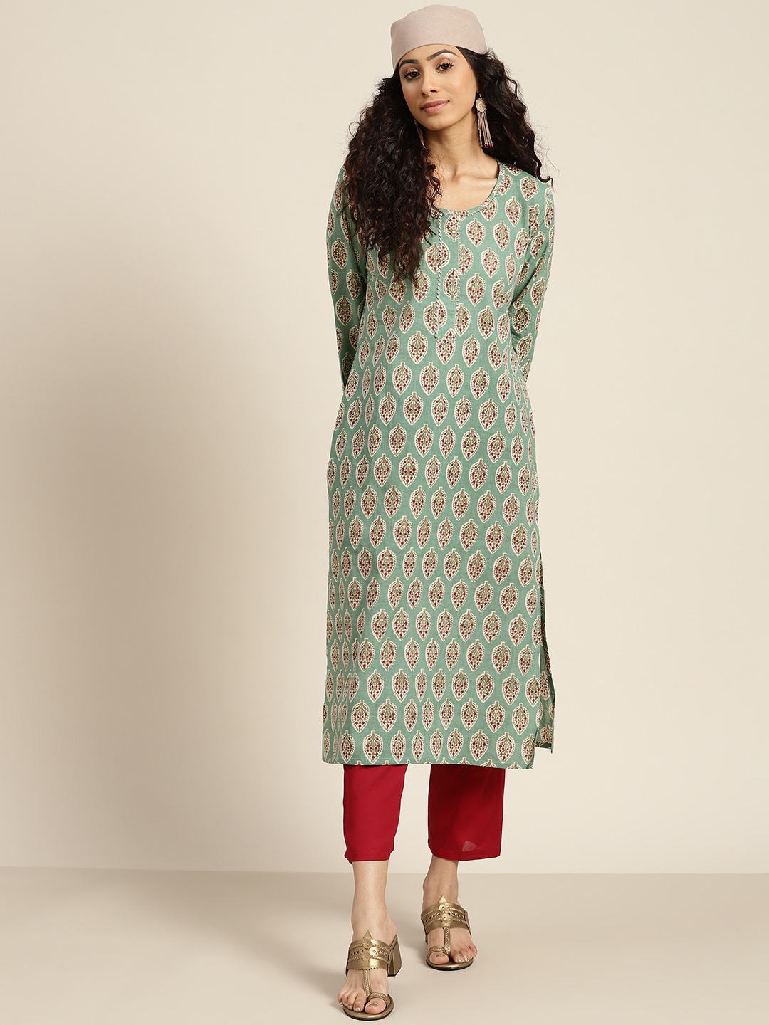 

Sangria Women Green Ethnic Motifs Printed Pure Cotton Kurta with Trousers