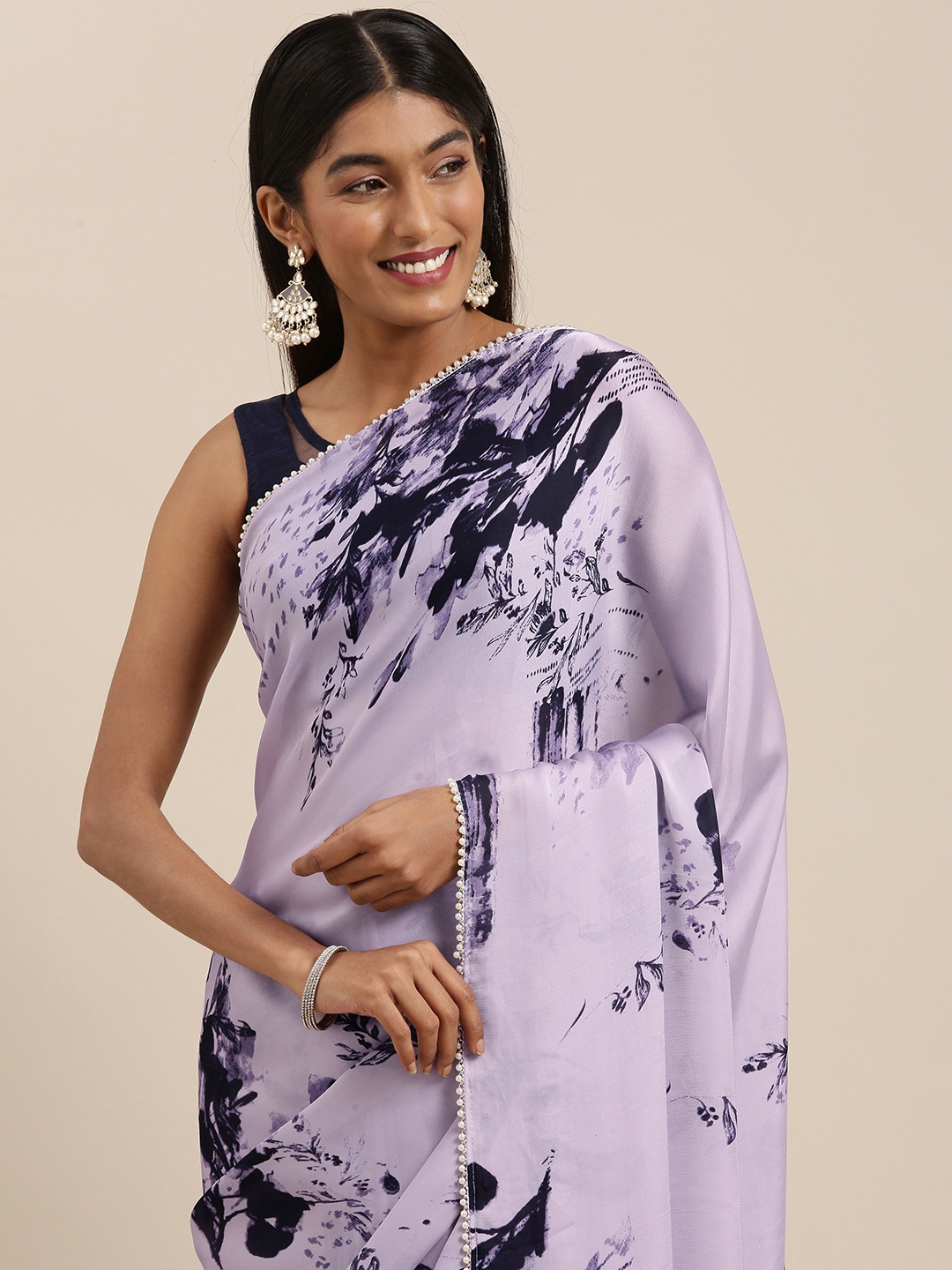 

Shaily Lavender & Navy Blue Floral Satin Saree