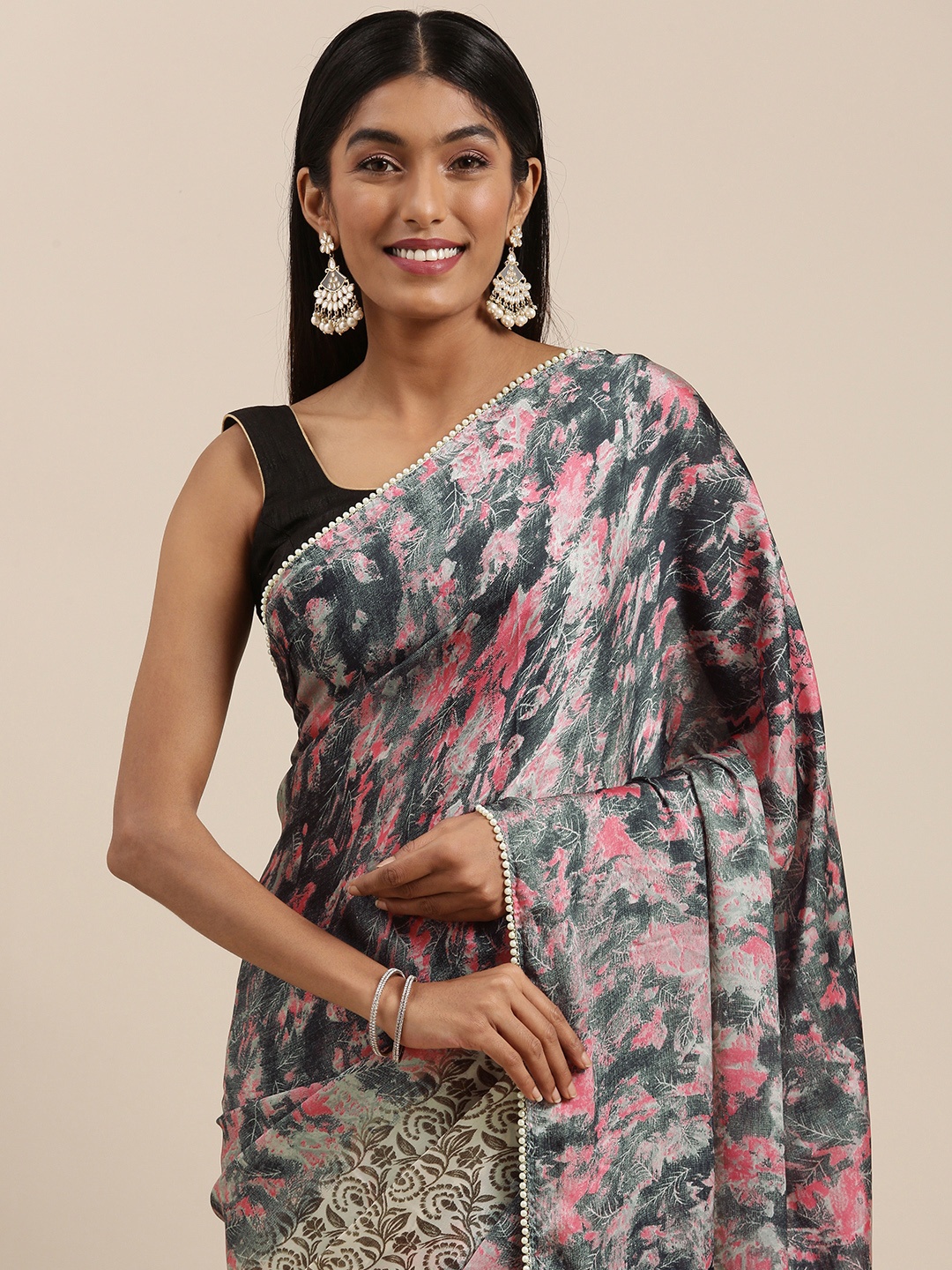 

Shaily Navy Blue & Pink Floral Beads and Stones Satin Saree