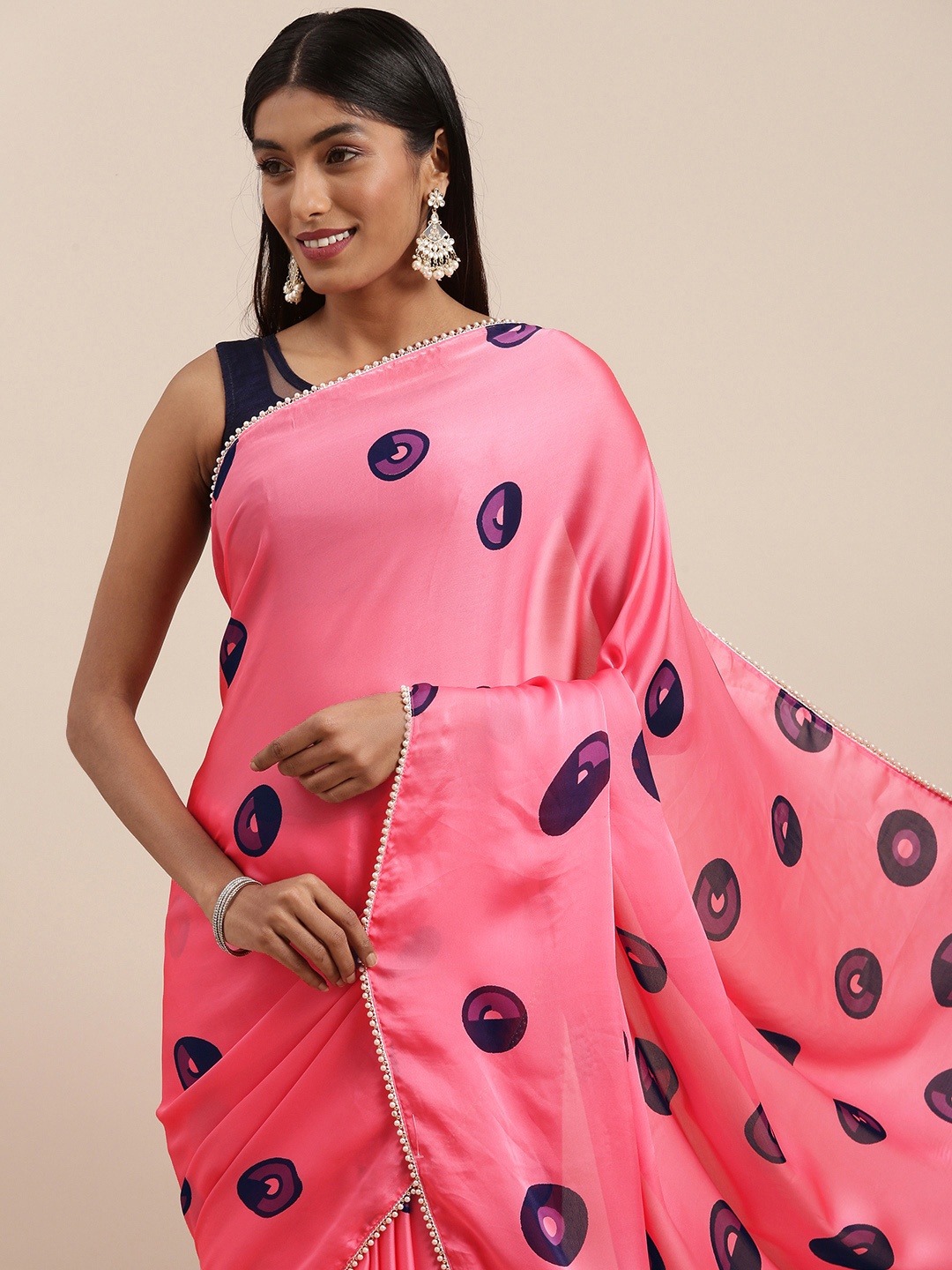 

Shaily Pink & Purple Beads and Stones Satin Saree