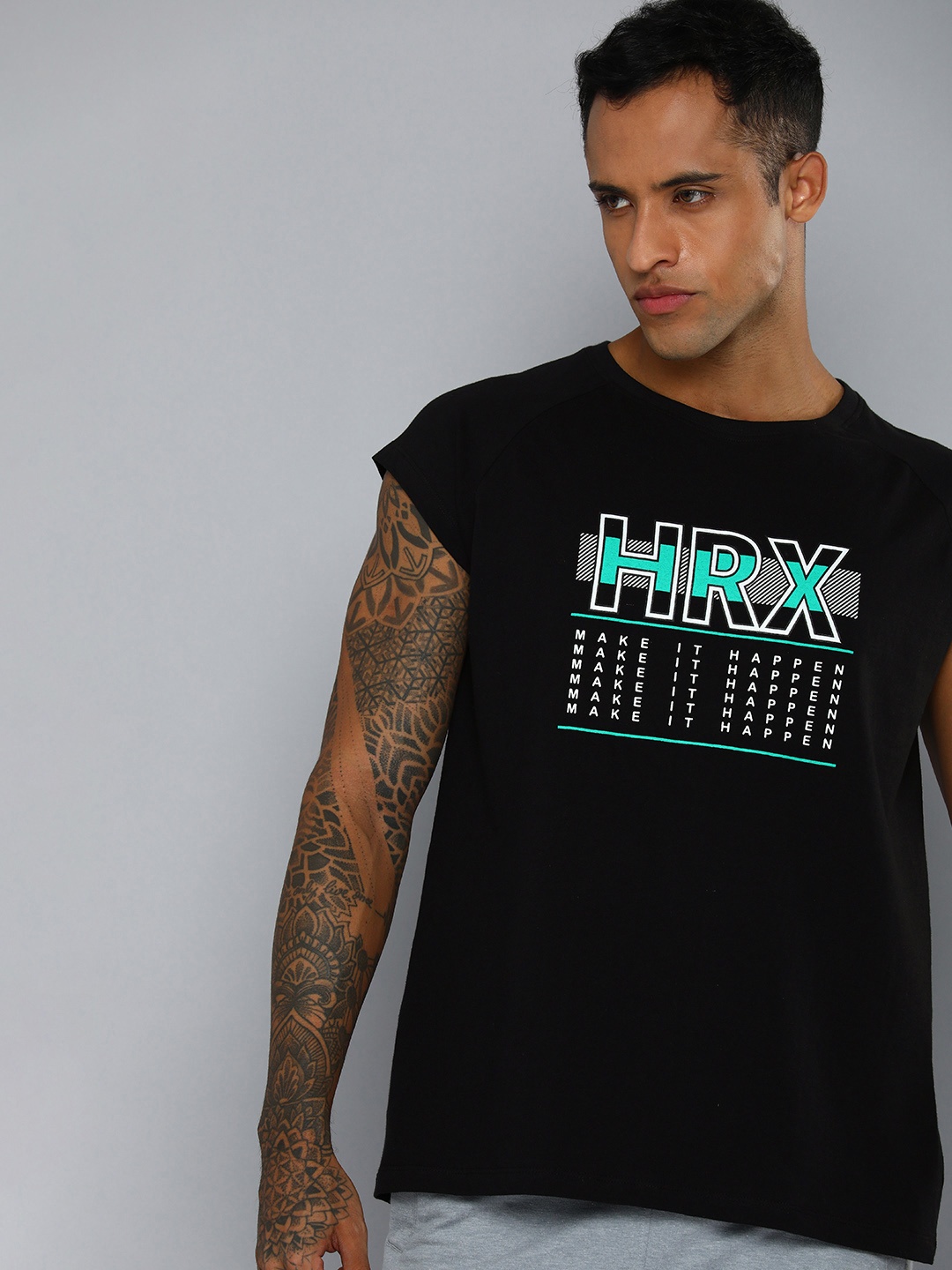 

HRX by Hrithik Roshan Men Black & White Brand Logo Printed Pure Cotton T-shirt