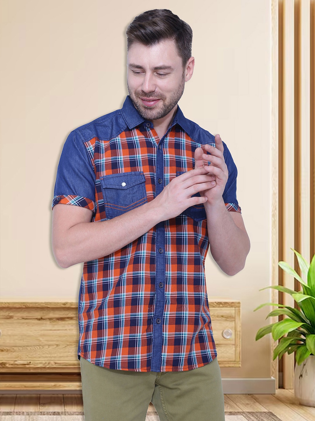 

Kuons Avenue Men Orange Smart Slim Fit Checked Casual Shirt