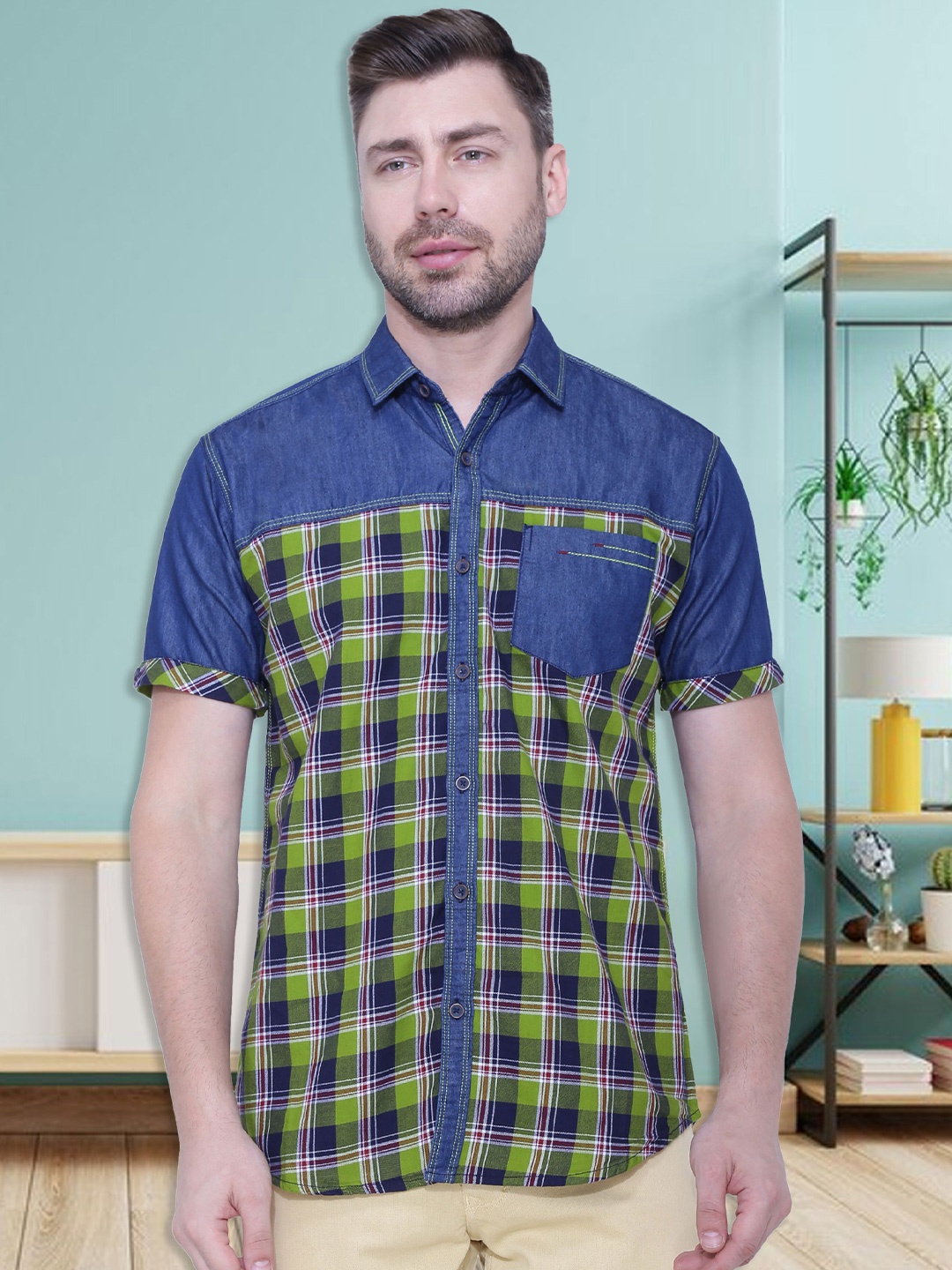 

Kuons Avenue Men Green Smart Slim Fit Checked Casual Shirt