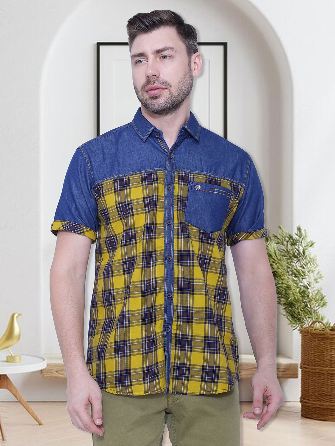 

Kuons Avenue Men Yellow Smart Slim Fit Checked Casual Shirt